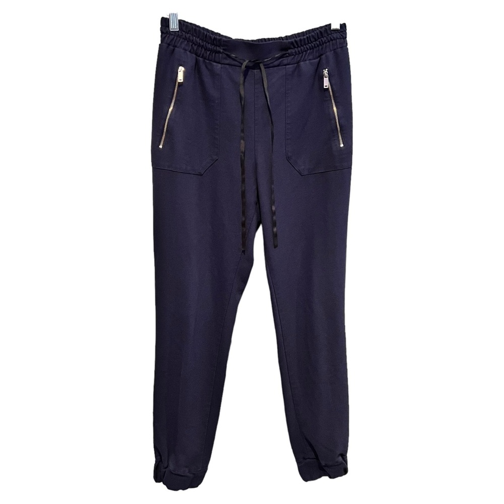ZARA Women's Navy Pants Size M TRAFALUC Front Tie and Zippers Elastic Waist